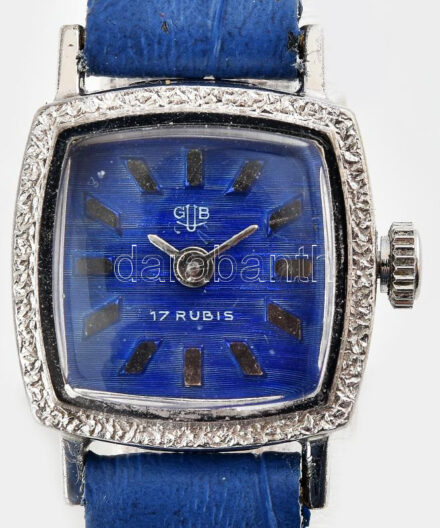 Glashütte kézi felhúzós női karóra. szép kék számlappal, bőr szíjjal. Szervizelt, működő állapotban 12x12 mm