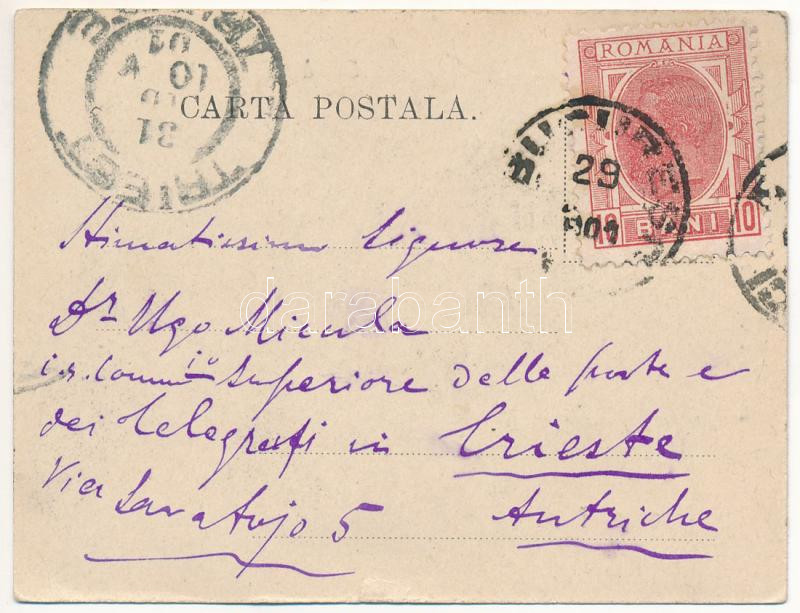 1901 Bucharest, Bukarest, Bucuresti, Bucuresci; Strada Lipscani, Banca Generala Romana / street view, bank, shops. mini card (9 cm x 7 cm) (small tear) - Image 2