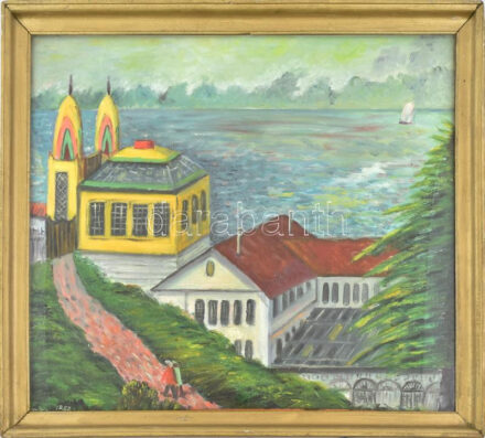 Olvashatatlan jelzéssel: Tóparti sétálók. Olaj, vászon. Dekoratív, üvegezett fakeretben. 50×60 cm