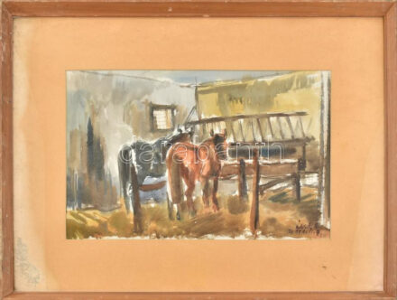 Élesdy István (1912-1987): Lovak az istállóban. Akvarell, papír, jelzett. Üvegezett fakeretben. Foltos paszpartuval. 27,5x44 cm