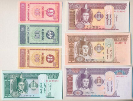 Mongólia 1993. 10m + 20m + 50m + 2014. 100T + 2016. 50T + 2017. 10T + 20T T:I,I- Mongólia 1993. 10 Mongo + 20 Mongo + 50 Mongo + 2014. 100 Tenge + 2016. 50 Tenge + 2017. 10 Tenge + 20 Tenge C:UNC,AU