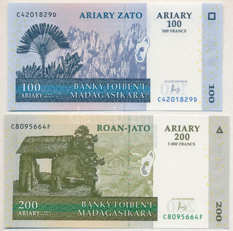 Madagaszkár 2004. 100A / 500Fr + 200A / 1000Fr T:I Madagascar 2004. 100 Ariary / 500 Francs + 200 Ariary / 1000 Francs C:UNC Krause P#86, P#87 - Image 2