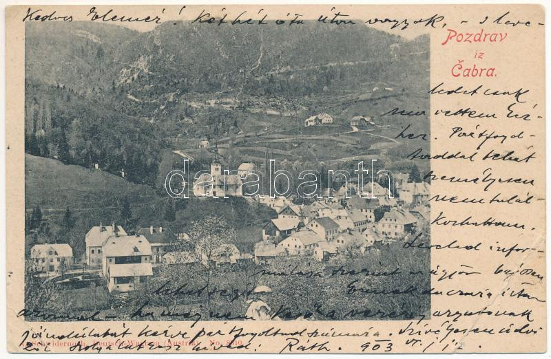 1903 Cabar, Pozdrav iz Cabra / general view, church. A. Schwidernoch (fa)