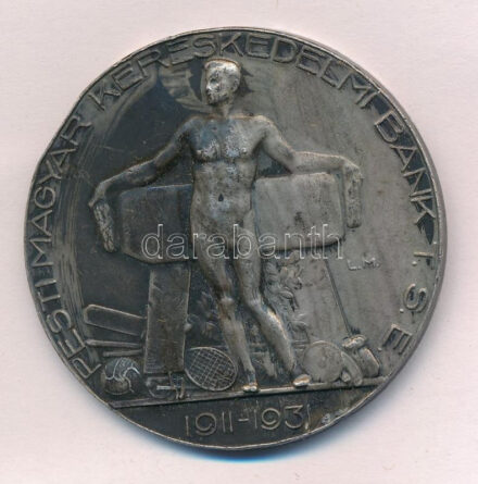 Ligeti Miklós (1871-1944) 1931. 'Pesti Magyar Kereskedelmi Bank T.S.E. - 1911-1931' kétoldalas, ezüstözött bronz díjérem, hátoldalon gravírozva 'Lesikló I. 1947' (50mm) T:1-,2