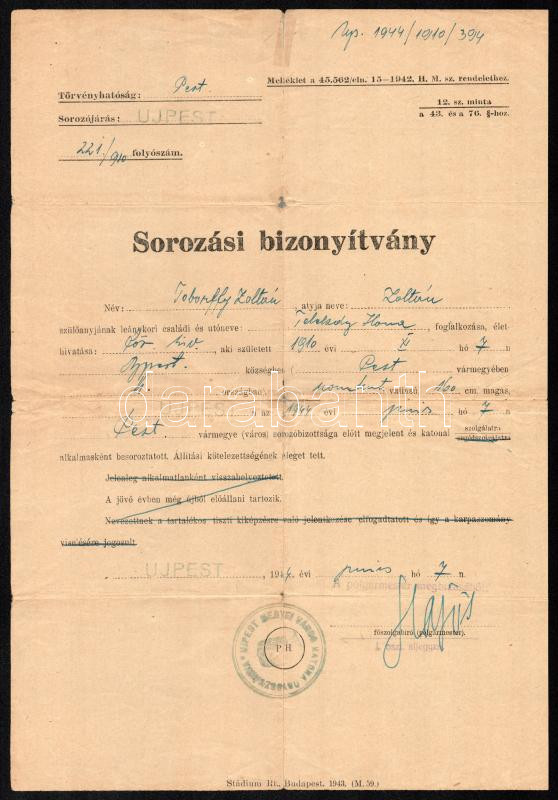 1944 Ujpest sorozási bizonyítvány