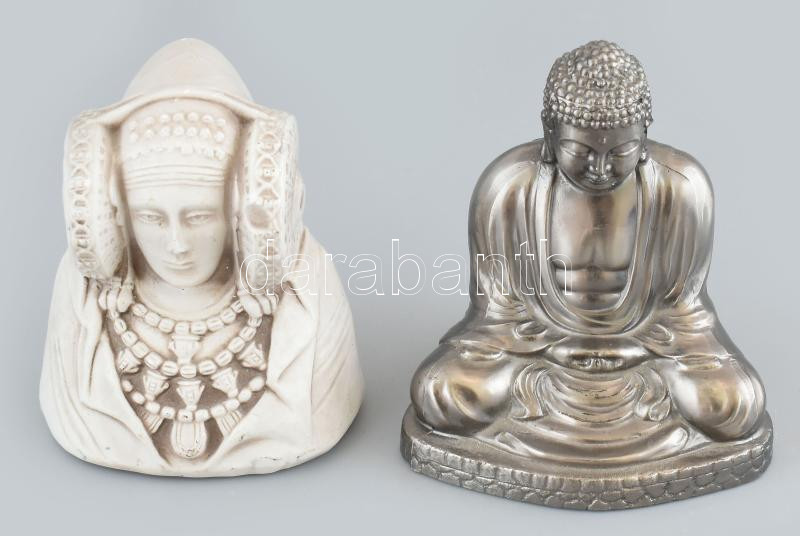 2 db távol-keleti Buddha figura, fém és kerámia, az egyik Japan jelzéssel, m: 9 - 11 cm