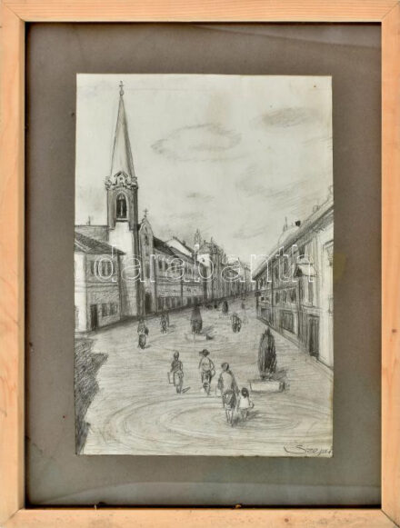Szepes jelzéssel: Sétálók. Ceruza, papír, jelzett. Kissé sérült. Üvegezett fakeretben, 43×28 cm