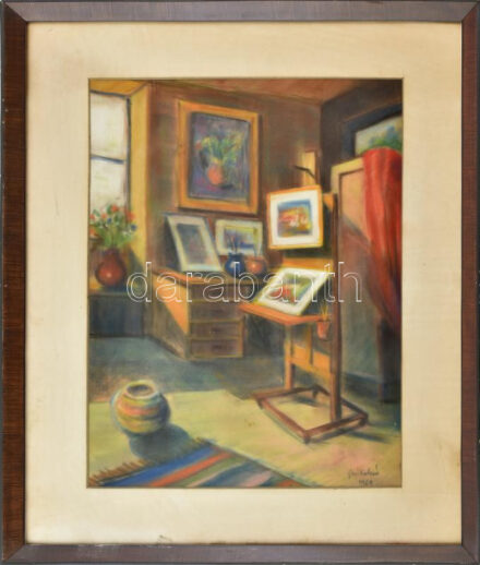 Olvashatatlan jelzéssel: Műterem festményekkel, 1962. Pasztell, papír, jelzett. Kissé sérült. Üvegezett fakeretben, 43×31 cm