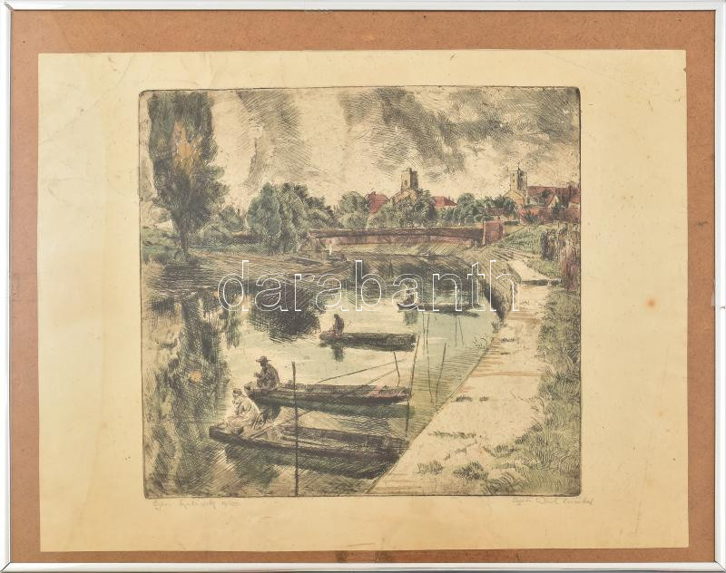 Aszódi Weil Erzsébet (1901-1976): Győri halászok. Színezett rézkarc, papír, jelzett, számozott (14/100), lapszéli törésnyomokkal, plexiüvegezett keretben. 29x31 cm