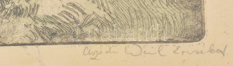 Aszódi Weil Erzsébet (1901-1976): Győri halászok. Színezett rézkarc, papír, jelzett, számozott (14/100), lapszéli törésnyomokkal, plexiüvegezett keretben. 29x31 cm - Image 2