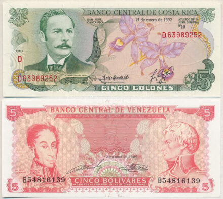 Costa Rica 1992. 5C 'D 63989252' + Venezuela 1989. 5B 'B 54816139' T:I,I- Costa Rica 1992. 5 Colones 'D 63989252' + Venezuela 1989. 5 Bolivares 'B 54816139' C:UNC,AU