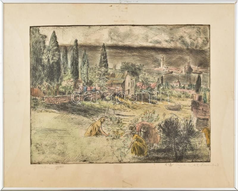 Aszódi Weil Erzsébet (1901-1976): Jaltában. Színezett rézkarc, papír, jelzett, számozott (18/100), kissé hullámos, plexiüvegezett keretben. 29,5x38,5 cm