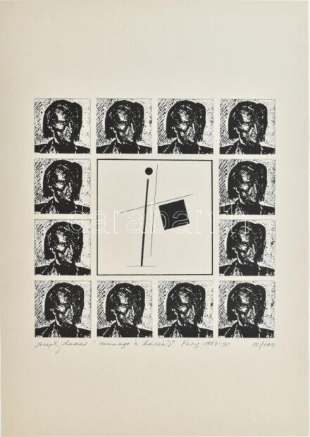 Joseph Kádár (1936-2019): 'Hommage á Kassák', 1987-1990. Elektrográfia, papír, jelzett, számozott (80/100). Hátoldalán a művész pecsétjével és autográf felirattal, 23x23 cm