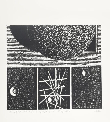 Joseph Kádár (1936-2019): Űrkép ('Espacegraphique'), 1987. Szitanyomat, papír, jelzett, számozott (45/100). Hátoldalán a művész pecsétjével, 35,5x40 cm
