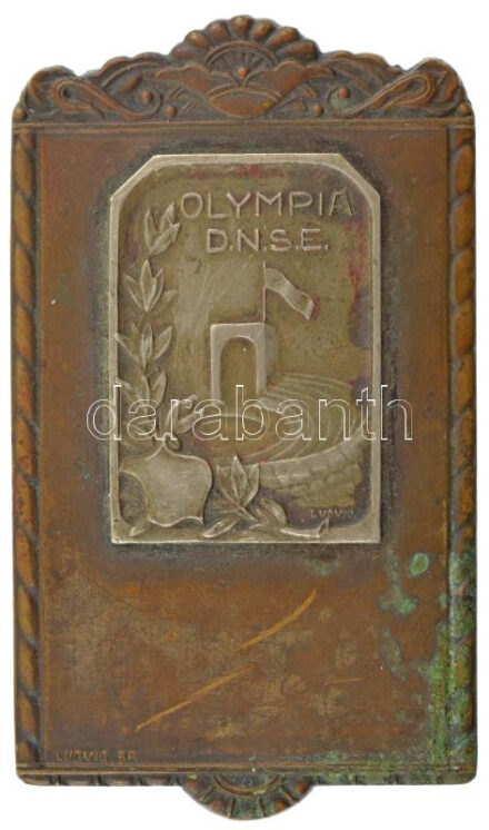 ~1940. bronz díjplakett (39x68mm) 'Olympia DNSE' ezüstözött bronz rátéttel (23x32mm), mindét részén 'Ludvig' gyártói jelzéssel T:1-,2
