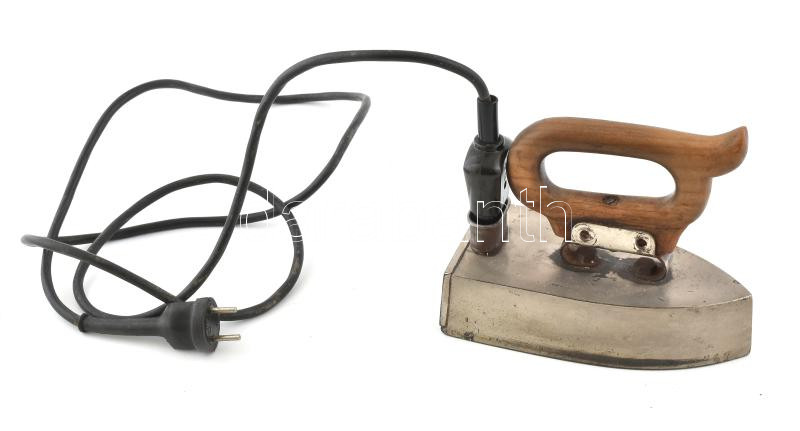 Elektra régi osztrák gyártmányú elektromos vasaló, masszív fém, fa fogóval, XX. sz. közepe. Jelzett: Elektra Bregenz, sorozatszámmal, korának megfelelő, működőképes (nem kipróbált) állapotban, 20,5x10x17 cm