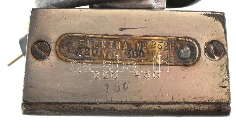 Elektra régi osztrák gyártmányú elektromos vasaló, masszív fém, fa fogóval, XX. sz. közepe. Jelzett: Elektra Bregenz, sorozatszámmal, korának megfelelő, működőképes (nem kipróbált) állapotban, 20,5x10x17 cm - Image 2