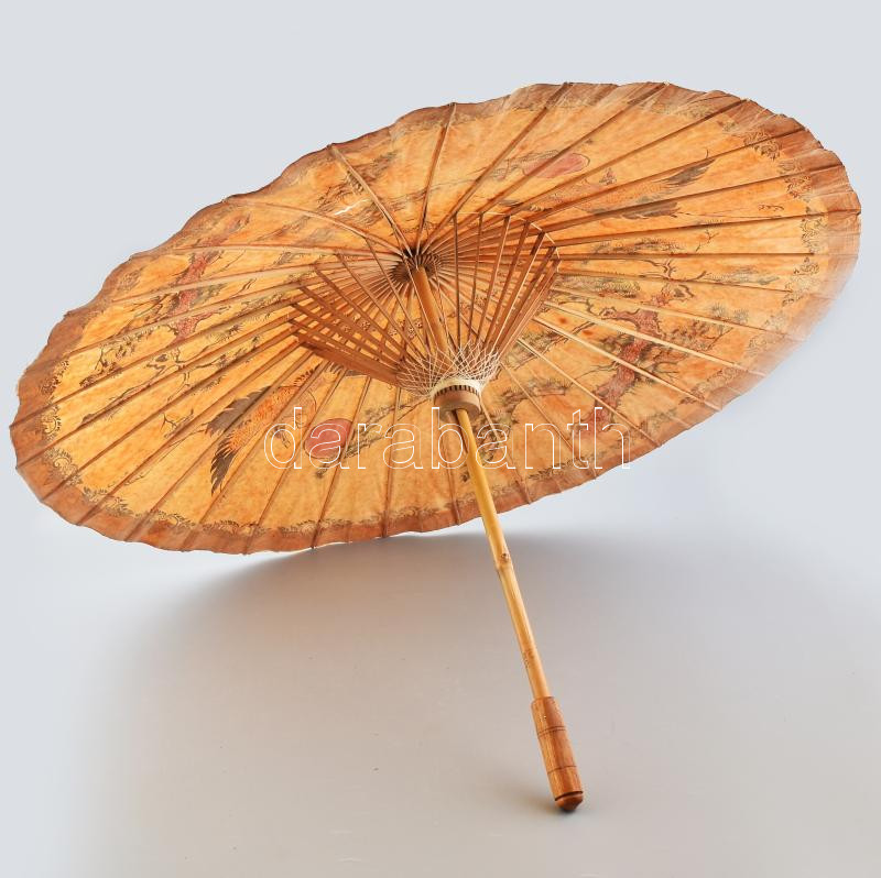 Japán napernyő, fa, papír, kézzel festett mintával, az ernyőn kis sérüléssel, h: 62 cm - Image 3