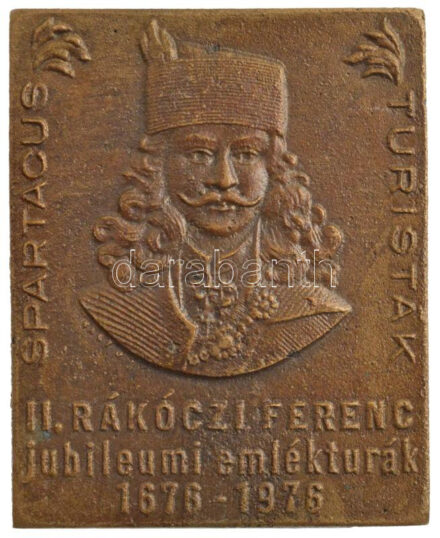 1976. 'II. Rákóczi Ferenc jubileumi emléktúrák - Spartacus Turisták' egyoldalas, öntött bronz emlékplakett. Szign.: Nagy J. (39x49mm) T:2