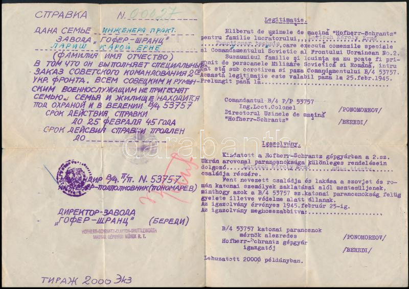 1945 Román-orosz-magyar nyelvű mentesítő igazolvány - Image 2