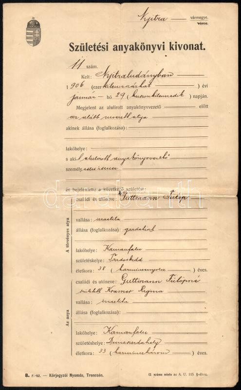1906 Izraelita születési anyakönyvi kivonat
