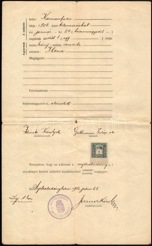 1906 Izraelita születési anyakönyvi kivonat - Image 2