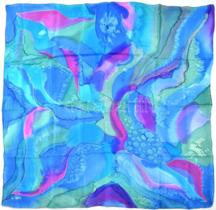U. Pohl kézzel szegett kendő, kékes-lilás színes mintával, kb. 90x83 cm
