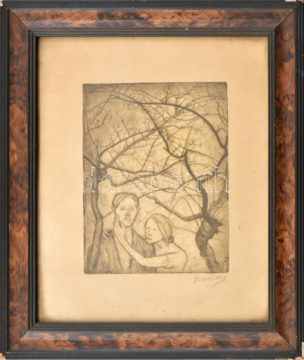Szemere Lenke (1906-1993): Szerelmespár. Rézkarc, papír, jelzett. Üvegezett, kissé sérült fakeretben. 19,5x15 cm