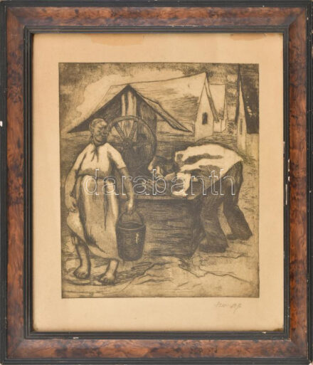 Szemere Lenke (1906-1993): Kútnál. Rézkarc, papír, jelzett. Üvegezett, kissé sérült fakeretben. 26x24 cm