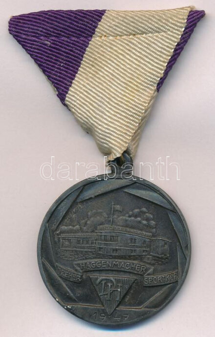 1947. 'Dreher Haggenmacher Sportkör' kétoldalas Zn díjérem mellszalagon, '1947' gravírozással (30mm) T:1-