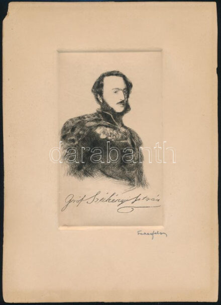 Farkasfalvi Imre (1874-1943): Gróf Széchenyi István portréja. Rézkarc, papír, jelzett. Lap széle kissé sérült. 15x9 cm