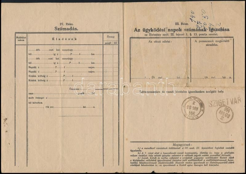 1944 Menetlevél Szigetvár levente részére - Image 2