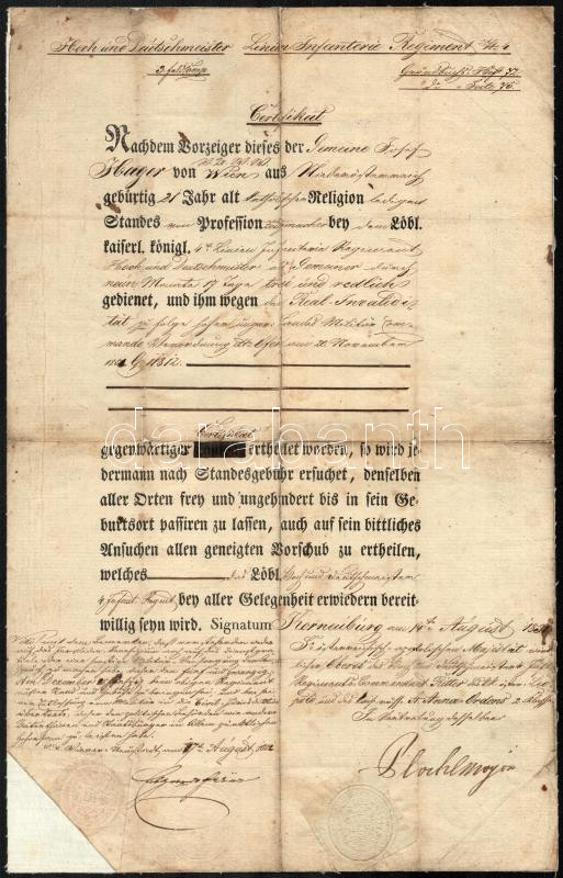 1852 Korneuburg szolgálati bizonyítvány, elbocsájtó levél vászonra kasírozva
