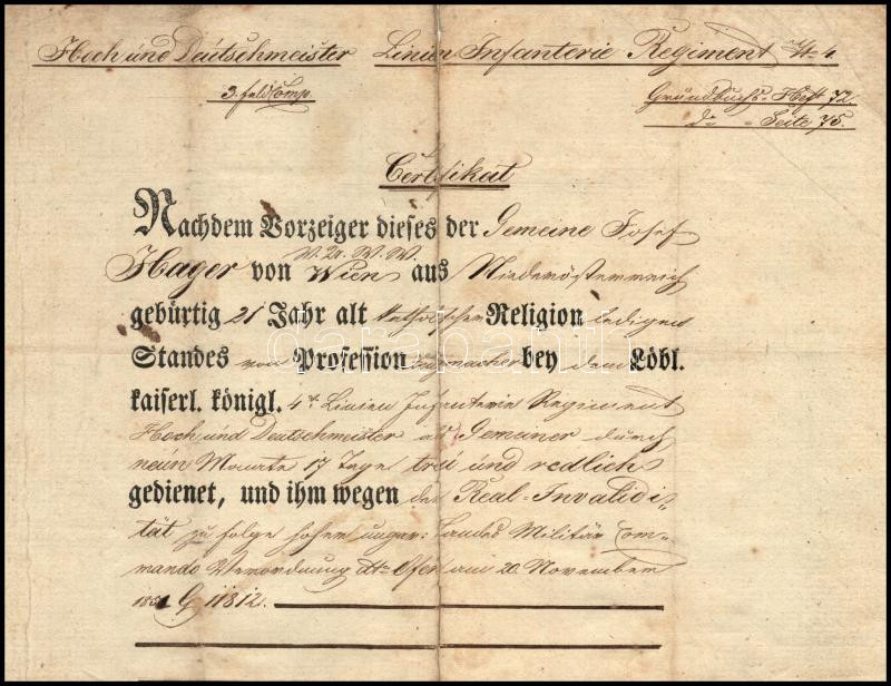 1852 Korneuburg szolgálati bizonyítvány, elbocsájtó levél vászonra kasírozva - Image 2