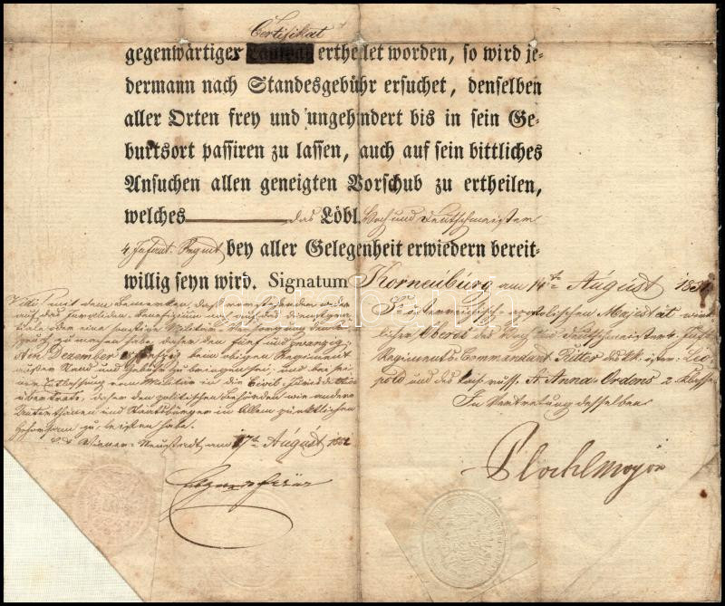1852 Korneuburg szolgálati bizonyítvány, elbocsájtó levél vászonra kasírozva - Image 3