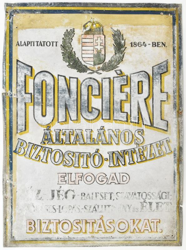 cca 1920 A Fonciére általános biztosító intézet dombornyomott nagy méretű fém cégtáblája, kopott, 37x50 cm