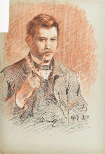 Ócsvár Rezső (1877-1968): Portré (önarckép?). 1908. Kréta, papír, jelzett, sérült, 43,5×30 cm.