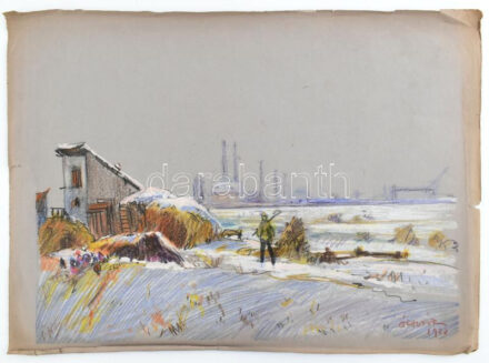 Ócsvár Rezső (1877-1968): Téli táj, 1923. Kréta, ceruza, papír, jelzett, lap széle kissé sérült, 34×46,5 cm.