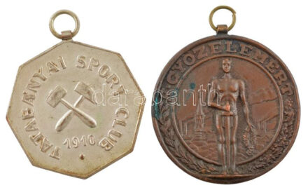 1926. 'Tatabányai Sport Club / Jó szerencsét!' ezüstözött bronz díjérem füllel (38x38mm) + 1929. 'A győzelemért' kétoldalas bronz Diósgyőri VTK (DVTK) díjérem füllel (40mm) T:2