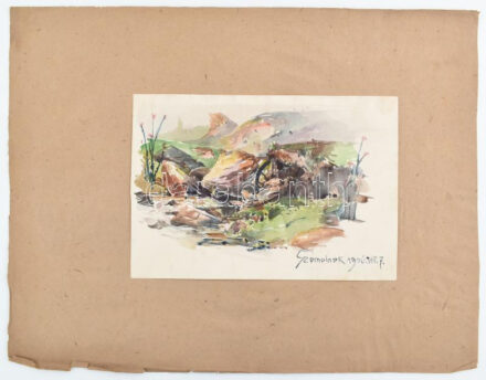 Ócsvár Rezső (1877-1968): Szomolnok (Smolnik), 1906. Akvarell, papír, jelzés nélkül, Ócsvár Rezső autográf datálásával és helymeghatározásával, 15,5×22,5 cm. A festő Szomolnokon született 1877-ben! / watercolour on paper,