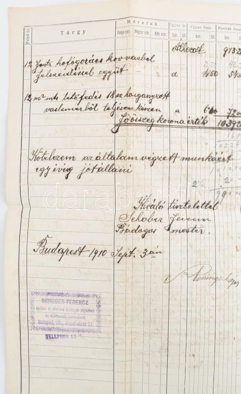 1910 Schober Ferenc bádogos mester részletes költségvetés két lapon - Image 2