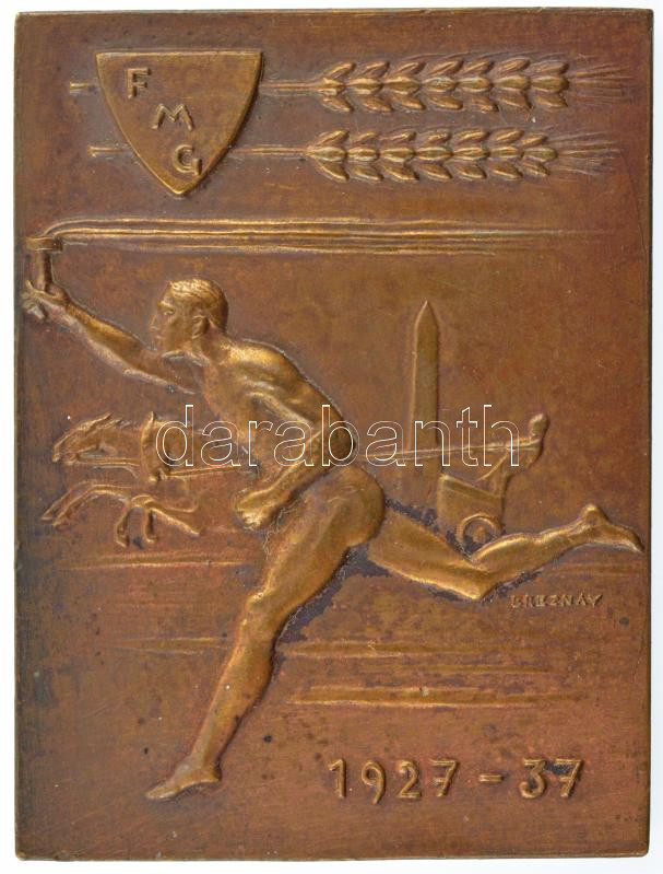 1937. 'FMG 1927-1937' bronz sportplakett. Szign.: Breznay (35x47mm) T:1- ph.