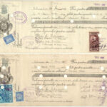 Románia / Szatmárnémeti 1932. 2db kitöltött váltó bélyegzésekkel, bélyeggel, szárazpecséttel, lyukasztással érvénytelenítve T:III