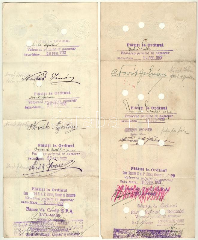 Románia / Szatmárnémeti 1932. 2db kitöltött váltó bélyegzésekkel, bélyeggel, szárazpecséttel, lyukasztással érvénytelenítve T:III - Image 2