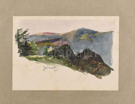 Ócsvár Rezső (1877-1968): Szomolnoki hegyek, 1904. Akvarell, papír, jelzés nélkül, Ócsvár Rezső autográf datálásával és helymeghatározásával, kissé foltos, 15,5×22,5 cm. A festő Szomolnokon született 1877-ben! / watercolour on