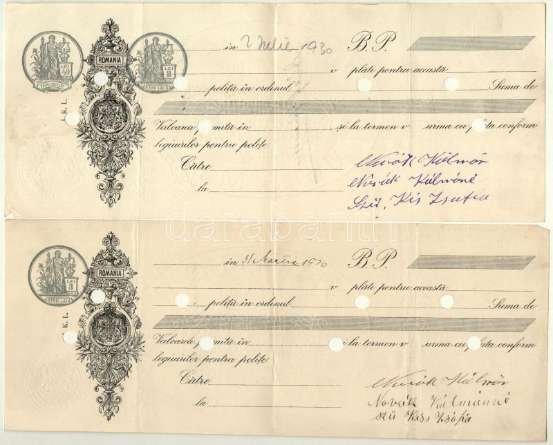 Románia 1930. 2db részben kitöltött váltó szárazpecséttel, lyukasztással érvénytelenítve T:III az egyiken szakadás, kis anyaghiány