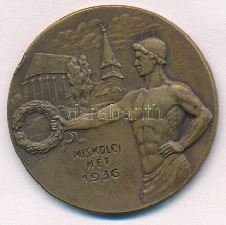 1936. 'Miskolc' kétoldalas, bronz sportérem 'Miskolci hét 1936' gravírozással. Szign.: Szabó S. (40mm) T:2 kis ph.