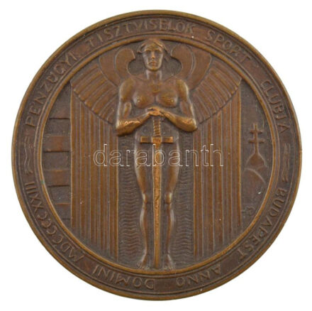 Martinelli Jenő (1886-1949) ~1920. 'Pénzügyi Tisztviselők Sport Clubja - Budapest anno domini MDCCCXXIII' bronz sportérem, hátoldalán '1928. VIII. 4.' gravírozással (46mm) T:2 kis ph.