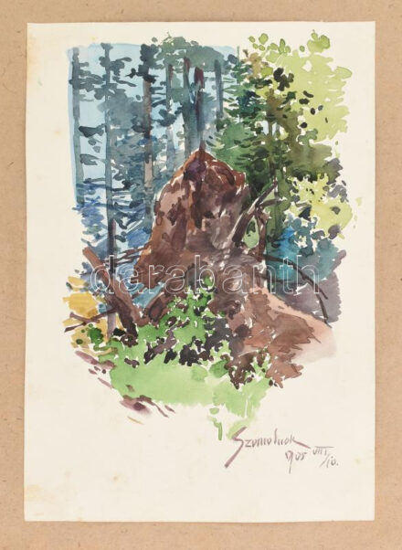 Ócsvár Rezső (1877-1968): Szomolnoki erdő, 1905. Akvarell, papír, jelzés nélkül, Ócsvár Rezső autográf datálásával és helymeghatározásával, kissé foltos, 22,5×15,5 cm. A festő Szomolnokon született 1877-ben! / watercolour on