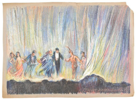 Ócsvár Rezső (1877-1968): Mozart, varázsfuvola. Vegyes technika, papír, jelzett, lapszéli apró szakadásokkal, 32×44 cm.